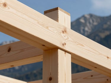 Extreme close-up of heavy timber framing joints, clean wood grain, high-contrast mountain daylight.