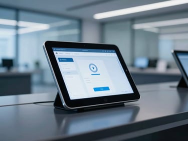 Sleek corporate photography showing a close-up of a modern retail checkout interface on a tablet, soft cool blue ambient light reflecting on a sleek dark counter, sharp focus, 35mm