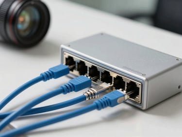Close-up of diagnostic tools and a high-end network switch with clean blue patch cables, natural office daylight.