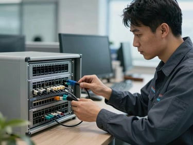 A field engineer in a technical uniform configuring an enterprise network switch with a console cable, natural cool office light.