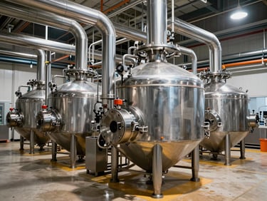 Wide environmental shot of clean, modern food processing plants with stainless steel pneumatic pipes, high-contrast industrial lighting, dramatic shadows, steel and safety orange tones, sharp focus, 35mm lens