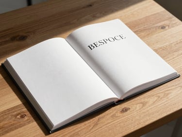 Bespoke editorial book layouts open on a raw oak table, showcasing elegant typography and generous whitespace, soft morning sun casting long shadows.