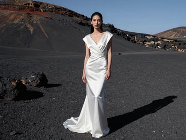 High-fashion editorial portrait in the desert, stark styling, model in structured white silk gown against a black volcanic rock formation, harsh direct sun casting deep geometric shadows.