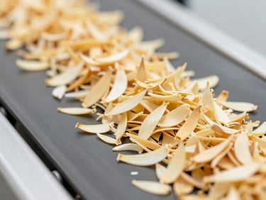 Macro photography of golden dehydrated garlic flakes on a dark industrial conveyor belt, bright overhead lighting, emphasizing clean processing.