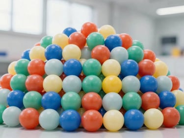 Stack of colorful, smooth PP balls in a clean, industrial setting, reflecting bright overhead light, showcasing their uniformity and finish.