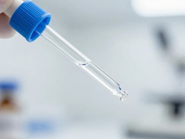 Macro shot of a pharmaceutical dropper with a clear pipette and a blue rubber bulb, against a clean, sterile background, bright technical lighting.