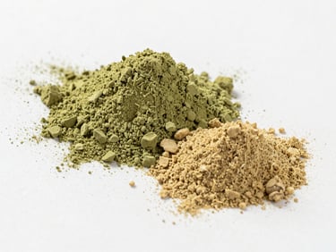 Macro photography of vibrant green moringa powder beside light brown ginger powder, arranged on a sterile white lab surface, high-key lighting, emphasizing fine texture and purity.