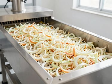 Wide shot of industrial dehydration machinery, stainless steel, clean environment, bright neutral daylight, focus on dehydrated onion flakes.