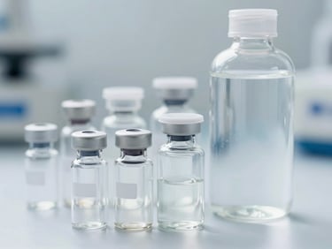 Close-up of various sized clear PP pharmaceutical bottles (10ml, 30ml, 90ml, 1L) neatly lined up on a sterile, well-lit surface, crisp details.