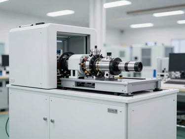 Technical shot of a complex Special Purpose Machine (SPM) on a factory floor, clean lines, bright industrial lighting, focus on precision components.
