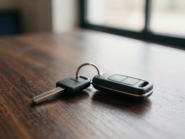 Close-up of car keys on a dark wooden table, soft natural light, warm professional atmosphere, shallow depth of field