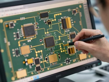 Macro close-up of a cleanroom technician analyzing a complex PCB schematic on a high-resolution monitor, soft gold glow.