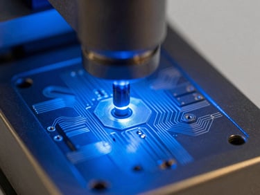 Microscopic solder inspection under cool blue LED light, highlighting perfect metallic traces and joints.