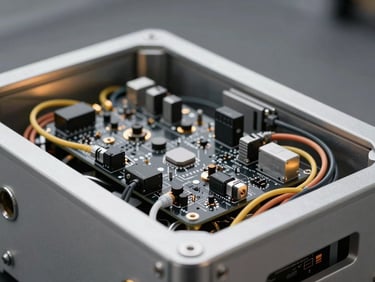 Fully assembled multi-board enclosure with custom cabling, clean industrial studio lighting, metallic surfaces.