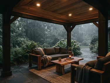 Moody architectural photography of a dry under-deck patio during a rainstorm, warm interior ceiling lights illuminating the cedar furniture, overcast daylight outside, 35mm, sharp focus.
