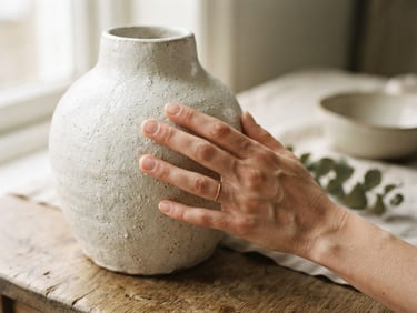 Close-up of a hand gently touching a textured off-white ceramic vase, soft morning light, shallow depth of field, lived-in minimalism.