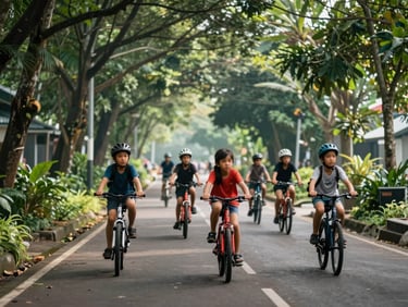 Taman hijau perumahan yang asri di pagi hari, anak-anak bersepeda di jalur pedestrian yang aman, dikelilingi pepohonan rindang.