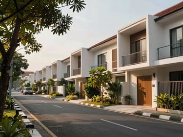 Sore hari yang tenang di Cilangkap, jalanan perumahan yang bersih dengan pohon rindang, cahaya matahari keemasan menyinari fasad rumah modern minimalis.