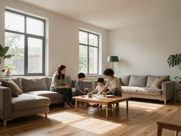 Interior of a modern minimalist living room, soft natural morning light spilling through large windows onto a wooden floor, cozy family atmosphere, clean lines