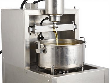 Modern commercial oil press machine with clear golden oil flowing into a stainless steel filtration tank