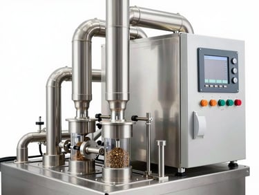 Automated spice grinding and powder processing line, closed stainless steel pipes, modern control panel