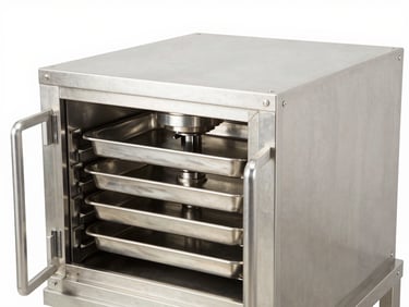 Industrial vacuum freeze drying chamber, polished stainless steel trays, clean sterile food-grade processing environment