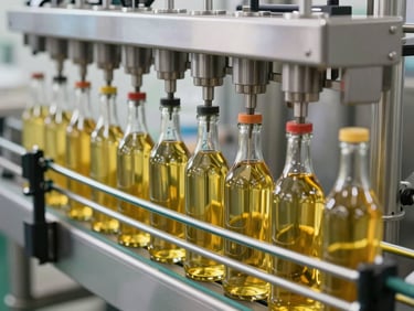 Automated bottle filling line with clean glass bottles filled with golden oil moving on a conveyor, sanitary environment, sharp focus, 35mm.
