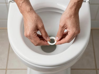Overhead close-up of hands installing a toilet wax ring on a white porcelain toilet base, clean bathroom tile floor, bright daylight, no faces shown