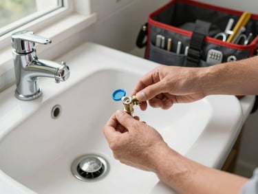 Tight shot of a plumber's hands replacing a shut-off valve under a bathroom sink, daylight from a nearby window, organized tool bag visible to the right