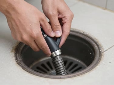 Close-up of hands using a drain snake inside a floor drain, bright utility lighting, clean tile floor visible at edges, no person's face shown