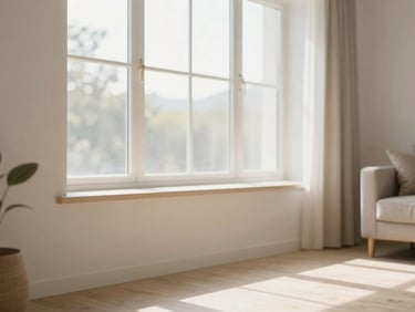Bright sunlit clean home interior with soft morning window light, freshly detailed living room, warm neutral tones, shallow depth of field