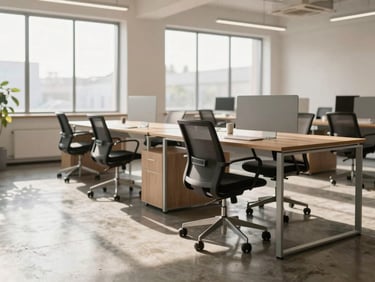 Clean modern office space with sunlit desks, polished concrete floor reflecting soft window light, professional setting