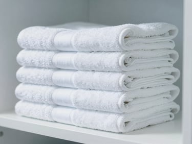 Close-up of perfectly folded, crisp white hotel towels stacked neatly on a shelf in a modern, bright hotel linen closet. Clean, soft daylight.