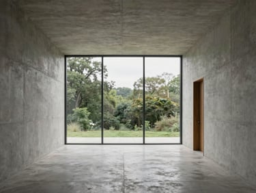 Symmetrical architectural shot of a modern concrete house interior, polished concrete floor, large glass window showing green trees, soft overcast light