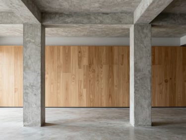 Minimalist office interior with raw wood panels and concrete columns, straight-on view, natural light, sharp focus