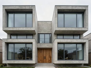Symmetrical architectural exterior of a modern concrete house with large glass windows, overcast daylight, sharp focus