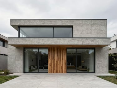 Straight-on architectural shot of a contemporary concrete villa, sharp lines, overcast daylight, 35mm lens
