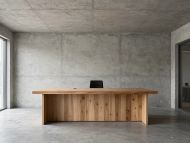 Interior wide-angle of a minimalist concrete and timber office space, natural light, sharp focus, 35mm lens