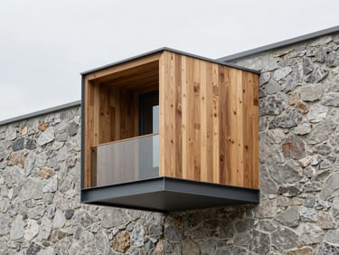 Modern architectural detail of wood and steel extension connected to an old stone wall, soft daylight, sharp focus