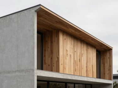 Minimalist modern house facade, clean geometric lines, warm wood panels, natural soft lighting