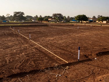 Wide-angle environmental shot of a physical land parcel in Abuja with clear boundary markers under bright natural sunlight.