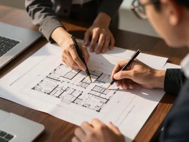 Clean overhead layout of a site plan on a desk with professional advisors reviewing documents.