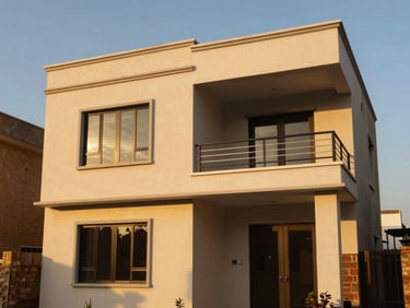High-resolution architectural photography of a modern Abuja residential home exterior, warm golden hour light.