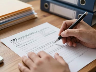 Close-up of hands annotating a printed IRS correspondence letter on a wooden desk surface, natural north-facing daylight from the left, a mechanical pencil mid-mark on the document, organized file folders visible in the background, warm overcast light showing paper texture in detail