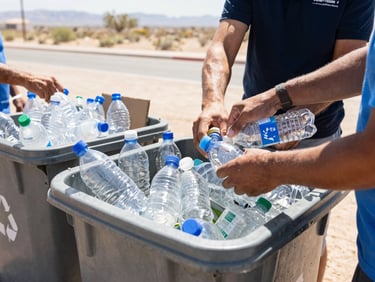 Hands sorting plastic bottles and cardboard into clean recycling bins, bright outdoor lighting