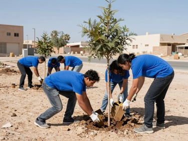 Volunteers in blue shirts working together to plant a tree in a dusty urban lot, action shot