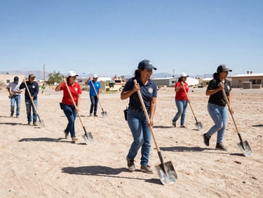 Dynamic wide shot of Mexicali volunteers in action under bright desert sunlight, holding shovels and smiling, real community effort, authentic documentary style.