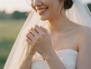 Medium close-up of a bride laughing during golden hour, soft focus on her hands, warm sunlight, 35mm film style