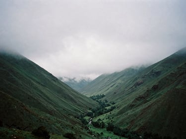 Cinematic film photography, wide panoramic view of a misty green valley under overcast gray skies, high contrast, moody atmospheric lighting, 35mm lens.
