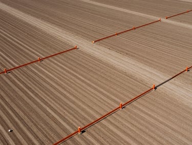 Overhead drone shot of perfectly gridded land plots, raw dirt contrasting with safety-orange boundary markers, harsh sunlight emphasizing the flat graded texture.